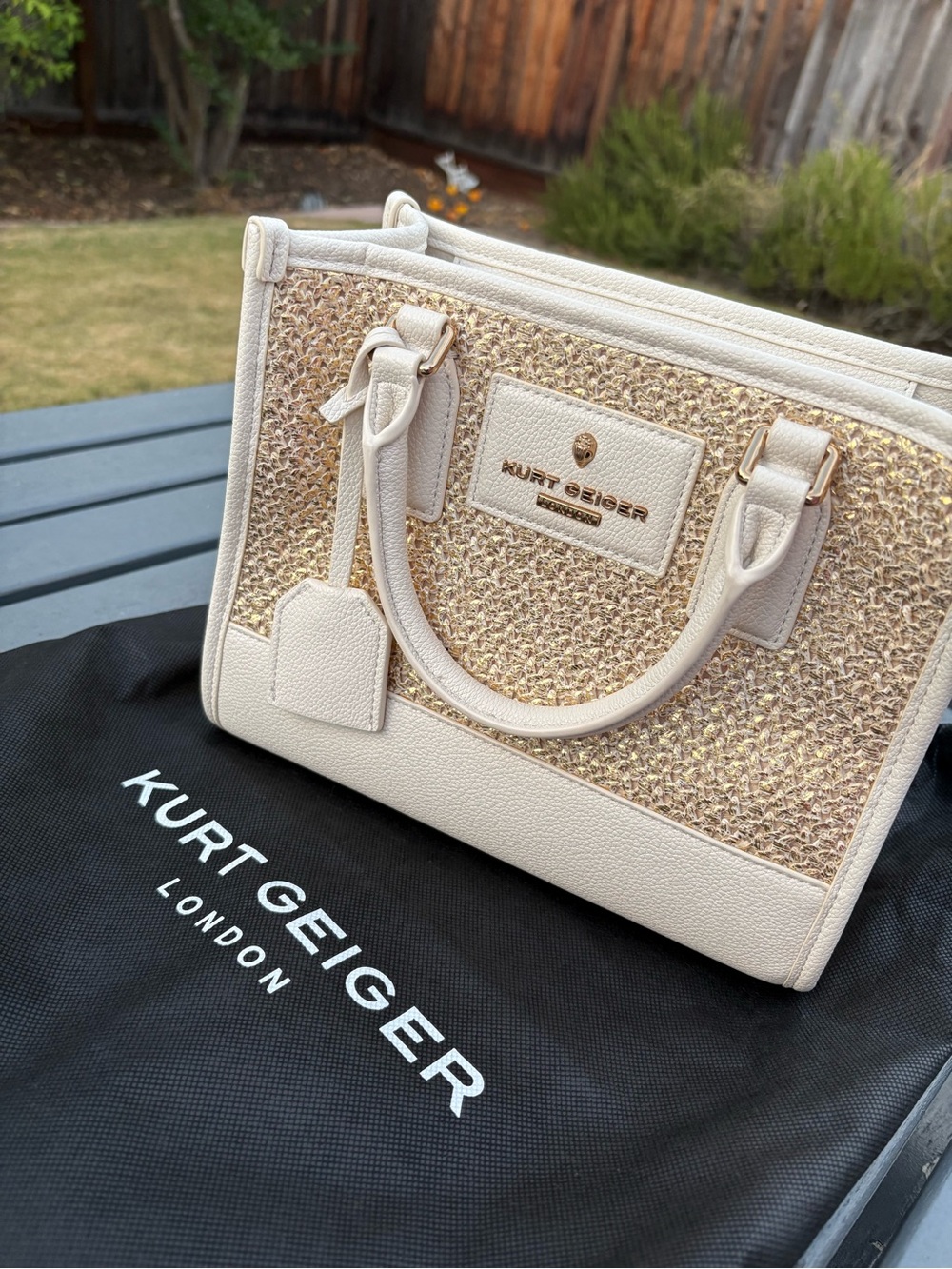 Kurt Geiger Cream and Gold Raffia Satchel